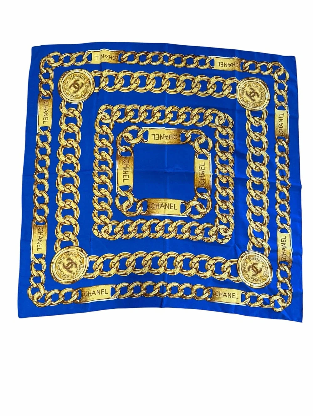 CHANEL Royal Blue Silk Scarf with Gold Chain Print